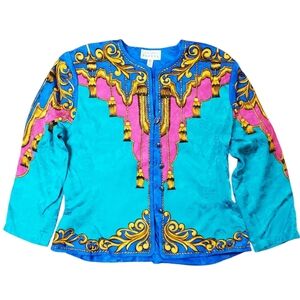 Vntg Adrianna Papell Green and Gold 100% Silk Jacket. 12